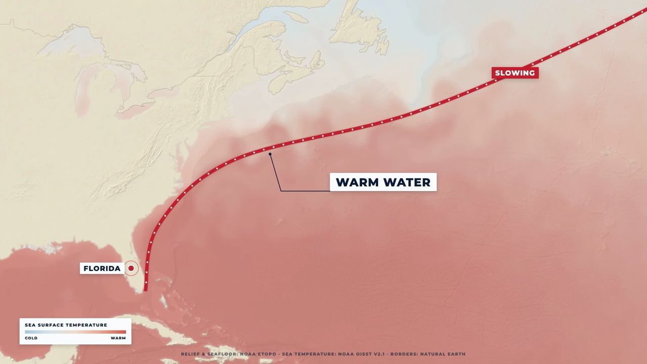 A cream relief map of the North Atlantic with a red current, a sea-temperature layer and labels